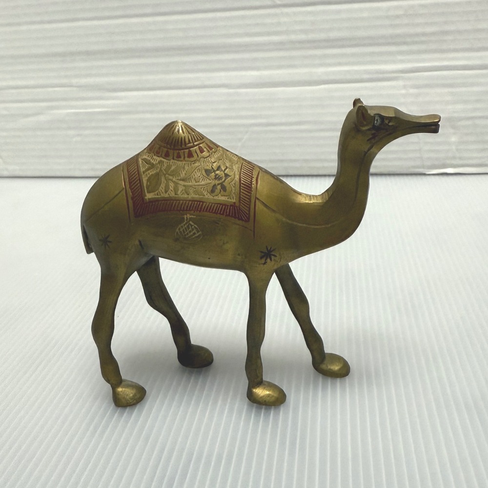 Brass Camel Figurine Gold Tone Etched Vintage Decor